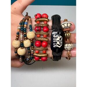 Bohemian Beaded Bracelet Set 4pc Elephant Leather Wood Tribal Stackable Mixed